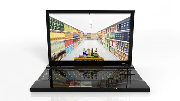 Online winkelen concept met laptop en planken met producten — Stockfoto