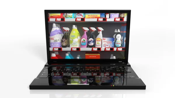 Σε απευθείας σύνδεση καταστήματα έννοια με laptop και προϊόντα καθαρισμού — Φωτογραφία Αρχείου