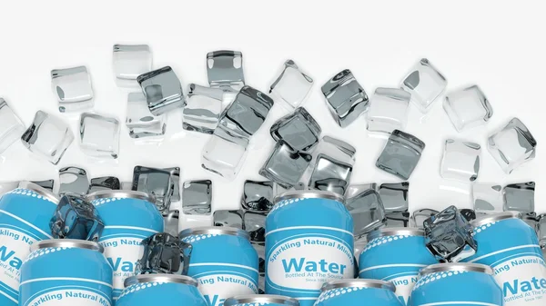 Groep van blikjes met water in ijsblokjes geïsoleerd op wit — Stockfoto