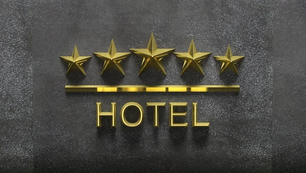 Five golden stars and word Hotel on grey textured background — Stock Photo, Image