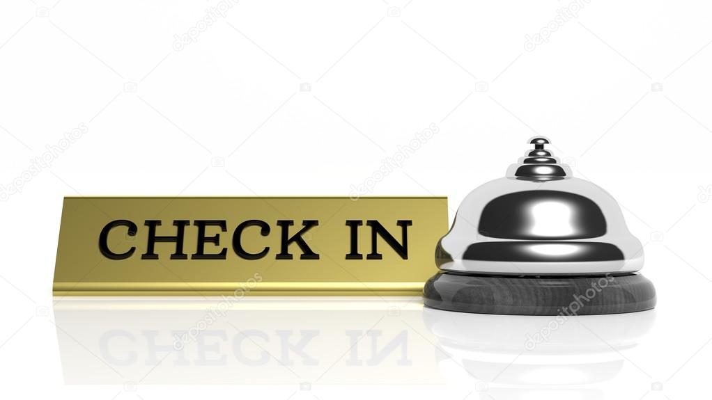 Hotel reception bell and Check in card isolated on white