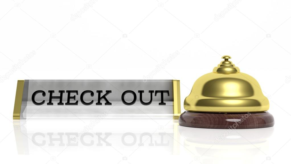 Hotel reception bell and Check out card isolated on white