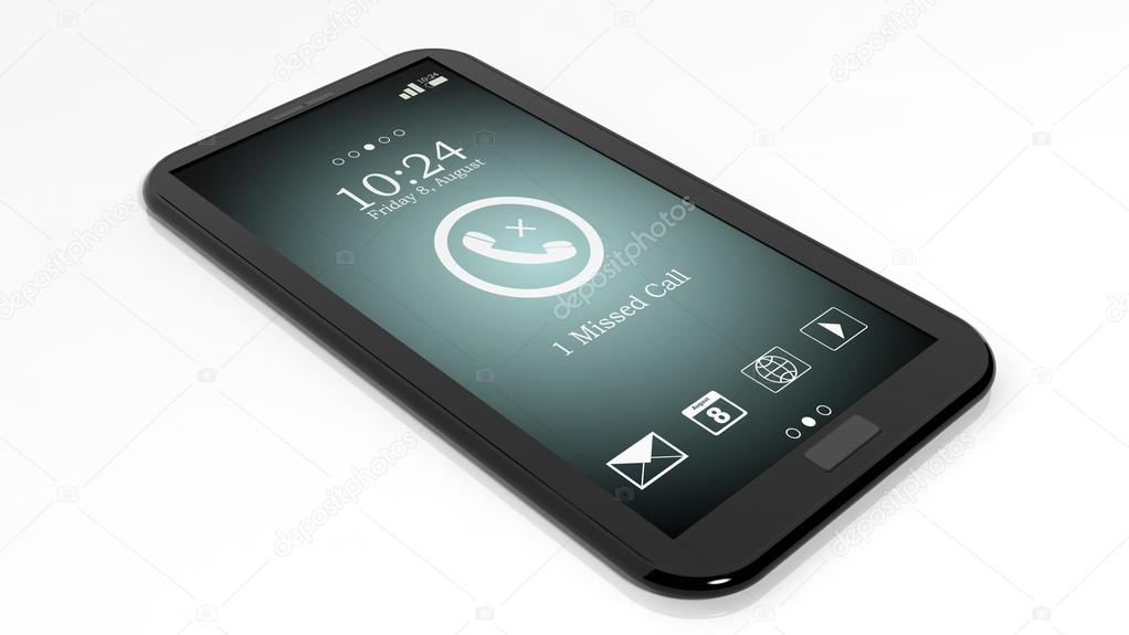 Smartphone with missed call notification on screen isolated on white