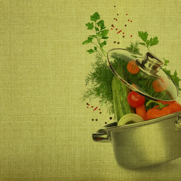 Cooking pot with fresh vegetables on fabric background — Stock Photo, Image