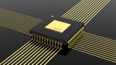 Bilgisayar mikroçip Cpu siyah arka plan üzerine izole.