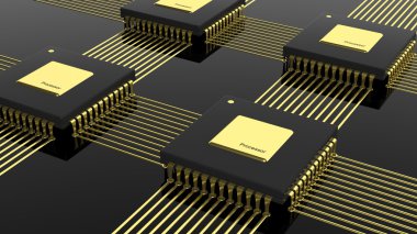 Bilgisayar çok çekirdekli mikroçip Cpu siyah arka plan üzerine izole.