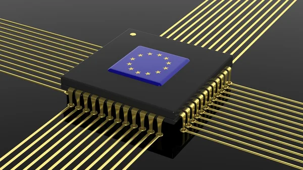 CPU de ordenador con bandera de la UE aislada sobre fondo negro —  Fotos de Stock