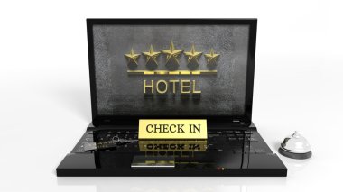 Otel Resepsiyon öğeleri ve beş yıldızlı otel ile dizüstü bilgisayar ekranında izole