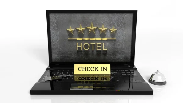 Laptop med Hotell receptionen artiklar och fem stjärnor hotell på skärmen isolerade — Stockfoto