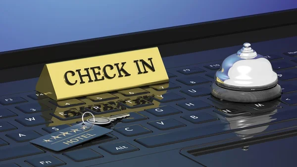 Hotels room key, check in and bell on laptops keyboard — Stock Photo, Image