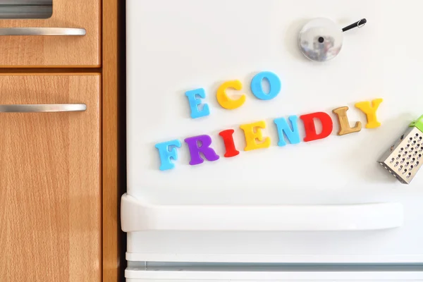 Refrigerators door with colorful text Eco Friendly — Stock Photo, Image