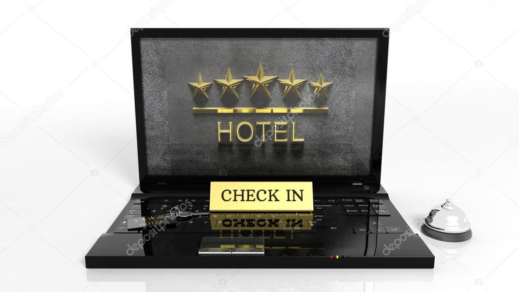 Laptop with hotels reception items and Five Stars Hotel on screen isolated