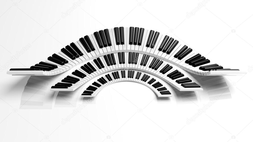 Three abstract semicircle piano keyboards on white background