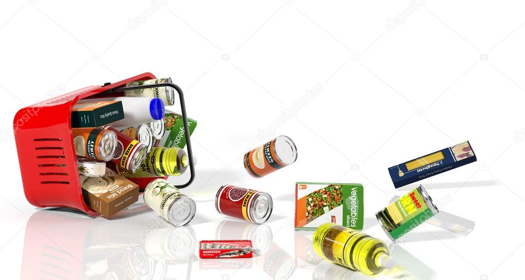 Full shopping basket with products falling out isolated on white