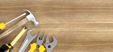 Ahşap arka plan boşluk ile çeşitli araçları