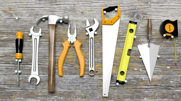 Various tools nailed on wooden wall — Stock Photo, Image