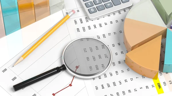 Färgglada business cirkeldiagram med penna, förstoringsglas och dokument närbild — Stockfoto