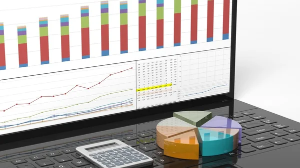 Färgglada business cirkel- och stapeldiagram på laptop — Stockfoto