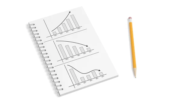 Notatnik papier biznes z informacji wykresy i ołówek na białym tle — Zdjęcie stockowe