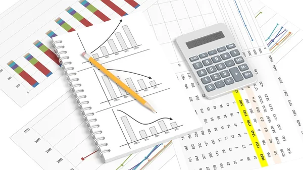 Business paper documents with info charts,pencil and calculator — Stock Photo, Image