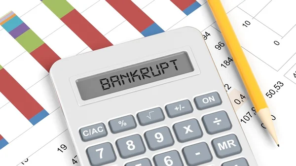 Calculator and documents with info charts and word Bankrupt — Stock Photo, Image