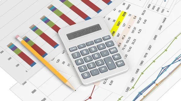 Calculator and documents with info charts and pencil — Stock Photo, Image