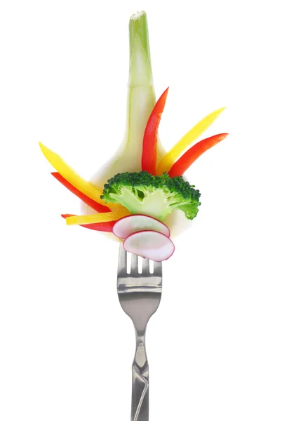 포크, 흰색 절연에 신선한 다채로운 야채 — 스톡 사진