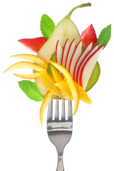 Frutas frescas de colores en tenedor, aisladas en blanco —  Fotos de Stock