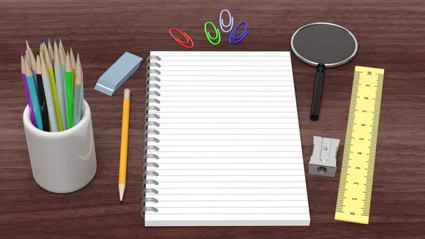 Rysunek pisanie narzędzi i pustego notatnika, na drewniane biurko — Zdjęcie stockowe