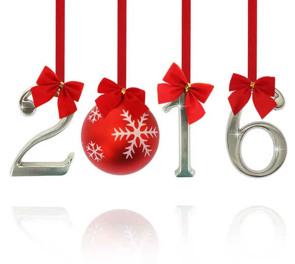 2015 number ornaments hanging on red ribbons — Stock Photo, Image