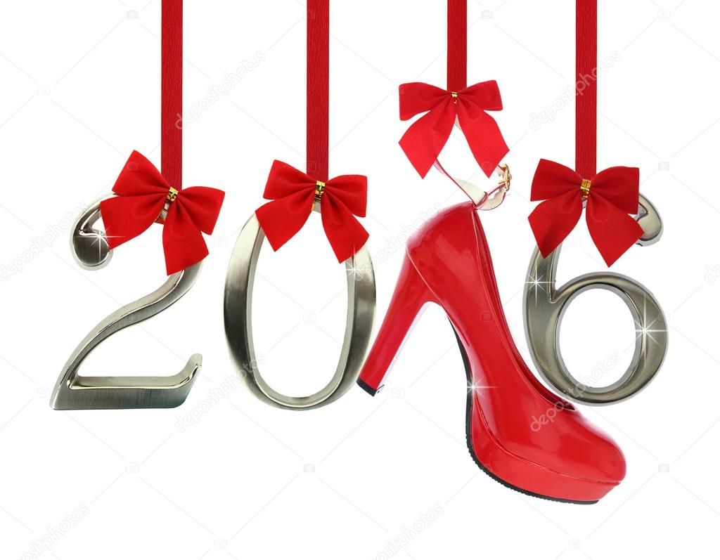 High heel shoe and 2016 number hanging on red ribbons 