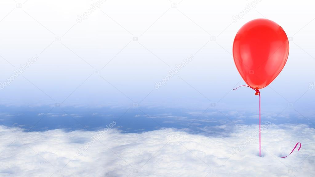Red balloon on blue sky with white clouds, conceptual