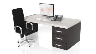Ofis Büro ekipman ve beyaz arka plan üzerinde siyah sandalye 