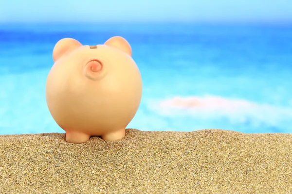 Piggy bank op het strand kijken naar de zee — Stockfoto