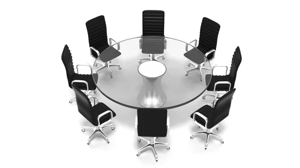 Okrągłe szkła spotkanie pokoju stół krzesła skórzane na białym tle — Zdjęcie stockowe