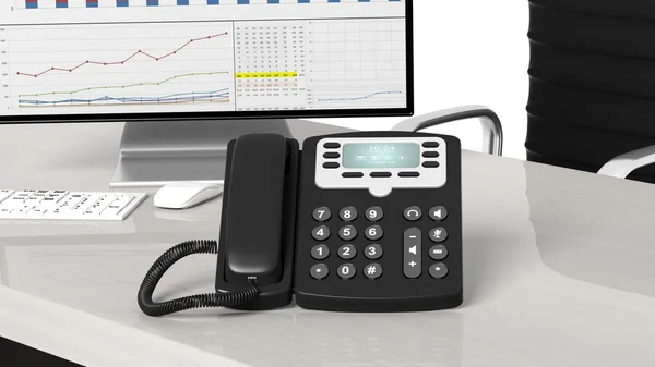 Black telephone closeup on office desk — Stock Photo, Image