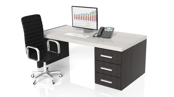 Office desk with equipment and black chair on white background — Stock Photo, Image
