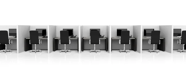 Office cubicles with equipment and black chairs on white background — Stock Photo, Image