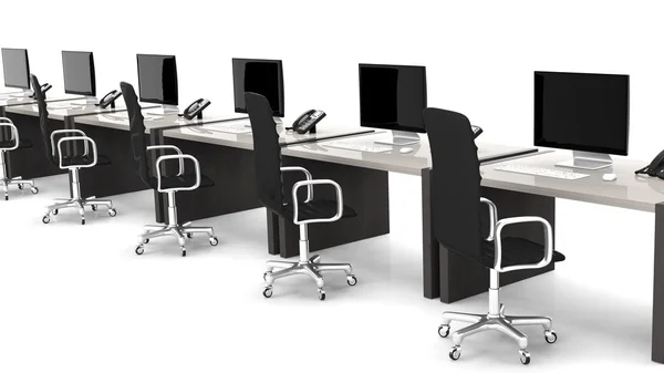 Office desks with equipment and black chairs on white background — Stock Photo, Image