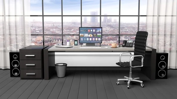 Interno di un ufficio moderno con finestra e vista sul paesaggio urbano — Foto Stock