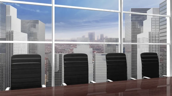 Interior of a modern office meeting room with window and cityscape view closeup — Stock Photo, Image