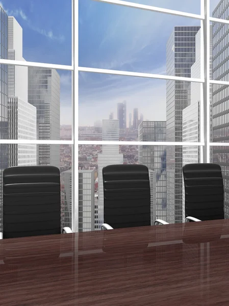 Interior of a modern office meeting room with window and cityscape view closeup — Stock Photo, Image