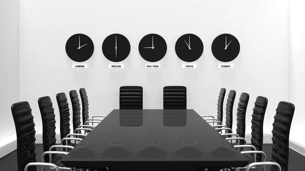 Interior of a meeting room with world clocks on a white wall — Stock Photo, Image