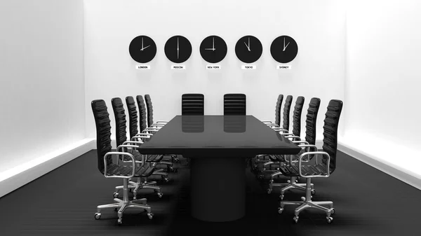 Интерьер конференц-зала с мировыми часами на белой стене — стоковое фото