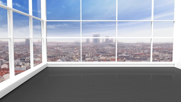 Interior of an empty office apartment with window and cityscape view