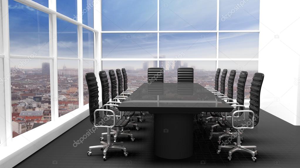Interior of a modern office meeting room with window and cityscape view