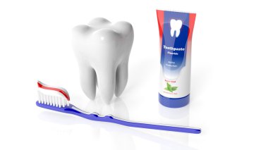 Molar diş diş fırçası ve diş macunu üzerine beyaz izole