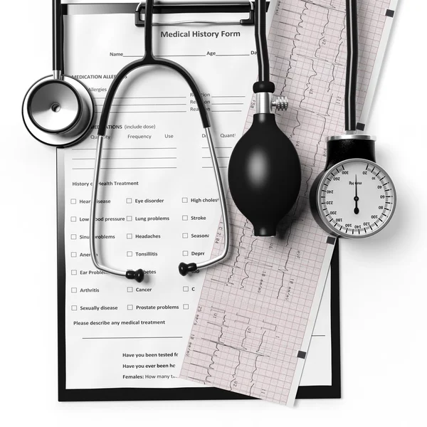 Patiënt vorm en cardiogram met medische apparatuur geïsoleerd op wit — Stockfoto