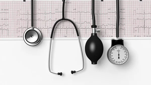 Stethoskop, Blutdruckmessgerät und Kardiogramm isoliert auf weiß — Stockfoto