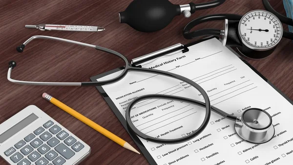 Medical instruments, calculator and patient form on desktop — Stock Photo, Image